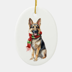 Christmas Dog, Holiday German Shepherd  Ceramic Tree Decoration