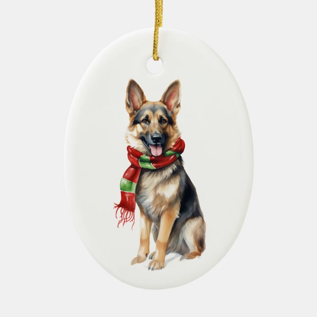 Christmas Dog, Holiday German Shepherd  Ceramic Tree Decoration (Front)