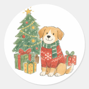 Christmas Dog in Sweater with Christmas Tree Classic Round Sticker
