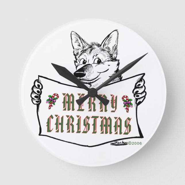 Christmas Dog:  Merry Christmas! Round Clock (Front)