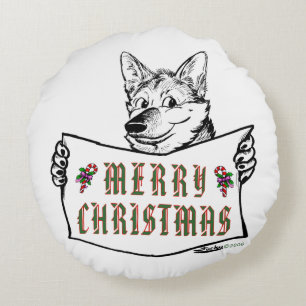 Christmas Dog:  Merry Christmas! Round Cushion