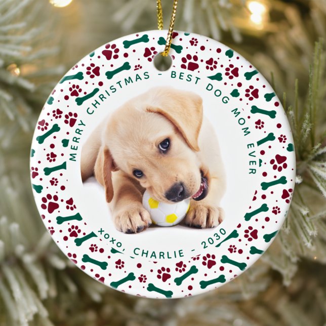 Christmas DOG MOM Personalised Cute Pet Photo Ceramic Tree Decoration (Creator Uploaded)