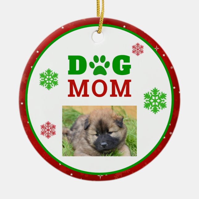 Christmas Dog Mum Paw Print Snowflake Photo Ceramic Tree Decoration (Front)