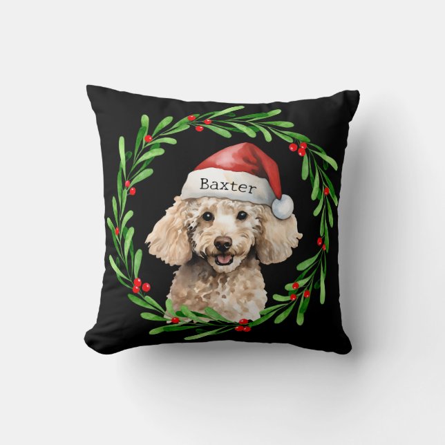 Christmas Dog Poodle Santa Hat Holiday Cushion (Front)