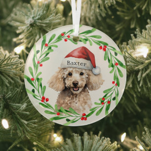 Christmas Dog Poodle Santa Hat Holiday Glass Tree Decoration