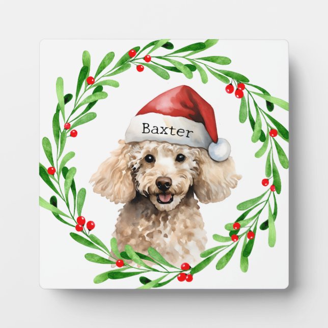 Christmas Dog Poodle Santa Hat Holiday Plaque (Front)