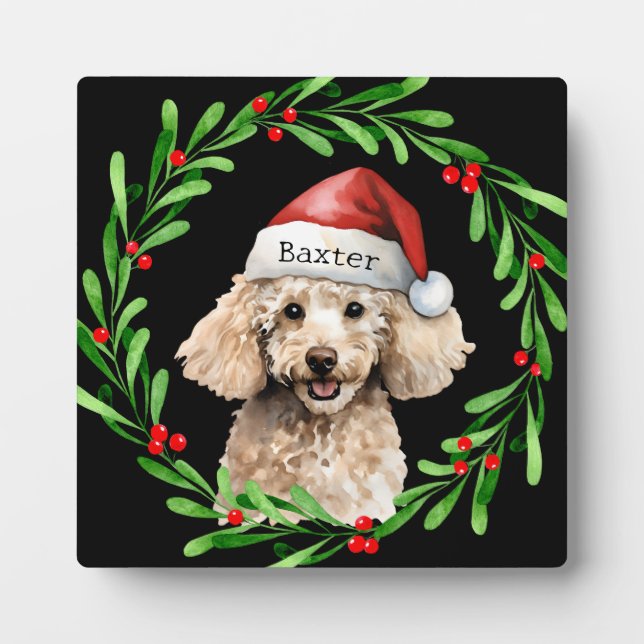 Christmas Dog Poodle Santa Hat Holiday Plaque (Front)