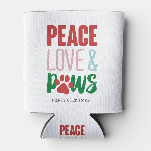 Christmas Dog Puns Santa Dogs Peace Love and Paws Can Cooler (Front)