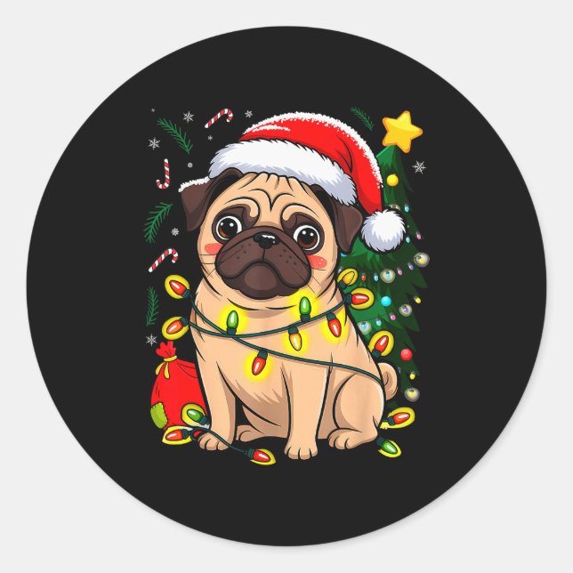 Christmas Dog Santa Clause Pug Puppy X-mas  Classic Round Sticker (Front)