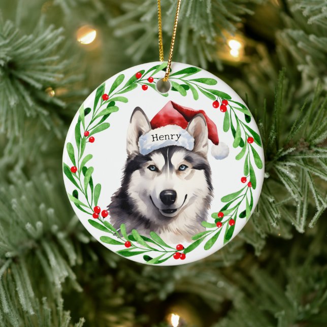 Christmas Dog Siberian Husky Santa Hat Holiday Ceramic Tree Decoration (Tree)