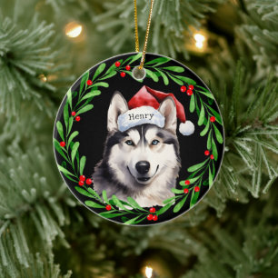 Christmas Dog Siberian Husky Santa Hat Holiday Ceramic Tree Decoration