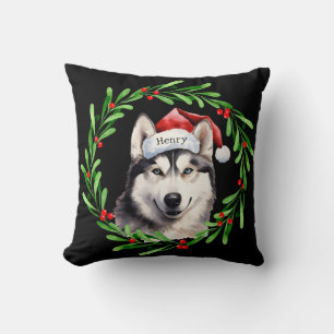 Christmas Dog Siberian Husky Santa Hat Holiday Cushion