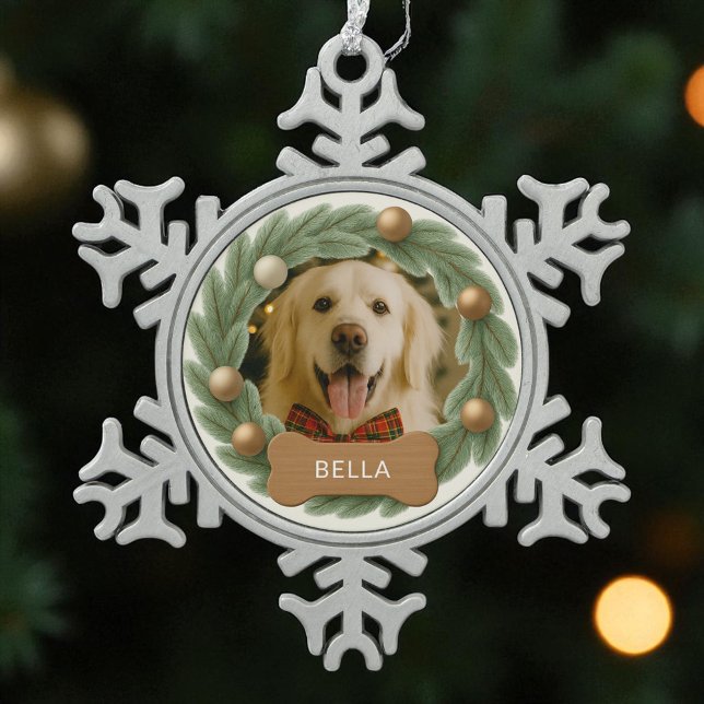 Christmas Dog Text Photo Wreath Name Holiday  Snowflake Pewter Christmas Ornament (Creator Uploaded)