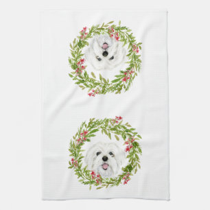 Christmas dog winter holiday wreath tea towel