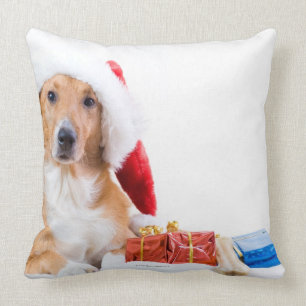 Christmas dog with antler and colourful gifts cushion