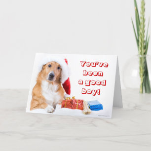 Christmas dog with antler and colourful gifts holiday card