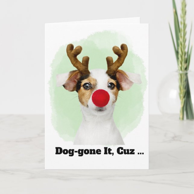 Christmas Dog with Antlers for Cousin Funny Holiday Card (Front)
