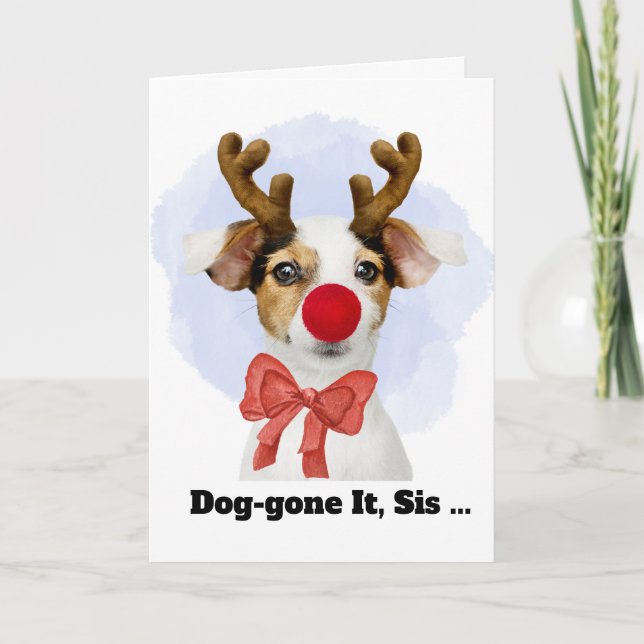 Christmas Dog with Antlers for Sister Funny Holiday Card (Front)