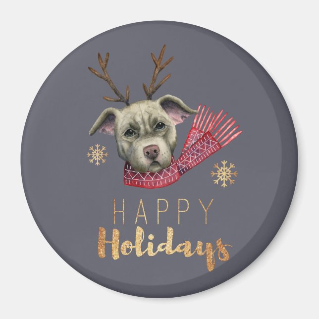 Christmas Dog with Antlers Watercolor Illustration Magnet (Front)
