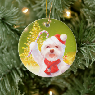 Christmas Dog with Candy Cane Ceramic Tree Decoration