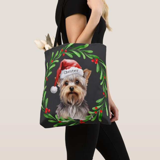 Christmas Dog Yorkie Yorkshire Terrier Holidays Tote Bag (Close Up)