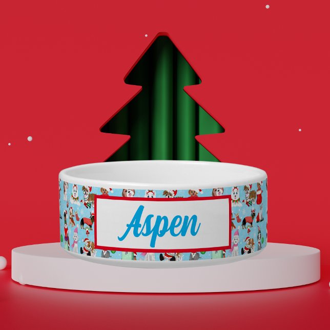 Christmas Dogs Celebration Pet Name Bowl (Fun whimsical Christmas pattern that is fun to add to your Christmas decorations! )