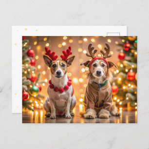 Christmas dogs dressed as reindeer holiday postcard