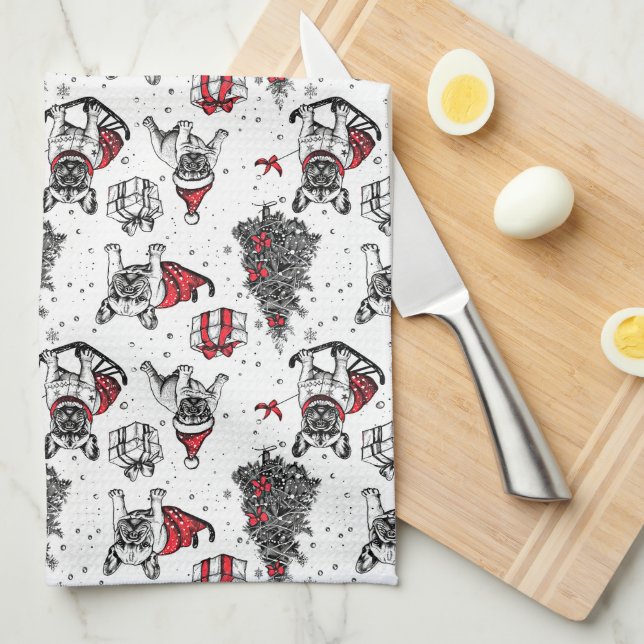 Christmas dogs in art book style sketch tea towel (Quarter Fold)