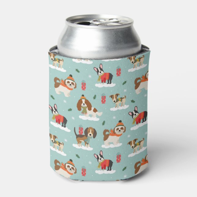 Christmas Dogs in Cosy Scarves Pattern Can Cooler (Can Front)