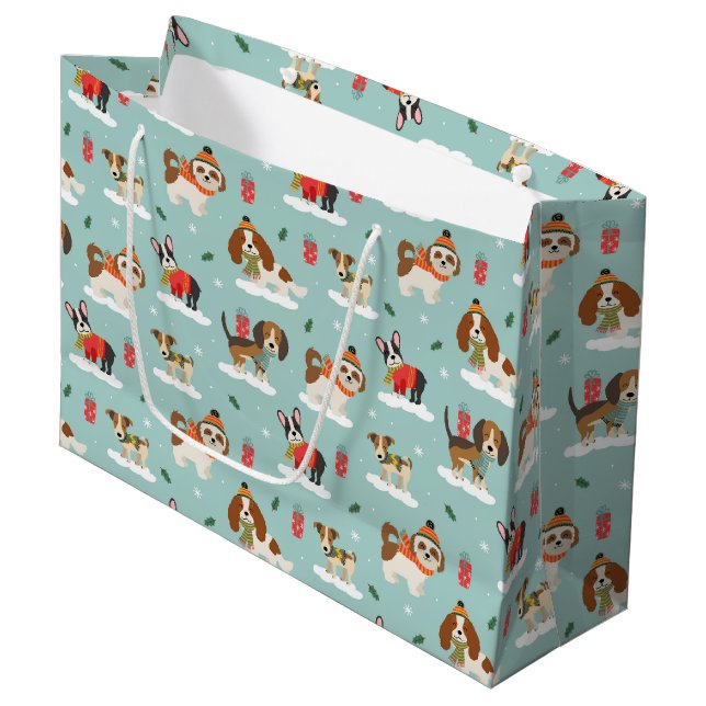 Christmas Dogs in Cosy Scarves Pattern Large Gift Bag (Front Angled)