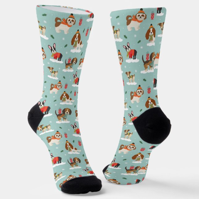Christmas Dogs in Cosy Scarves Pattern Socks (Angled)