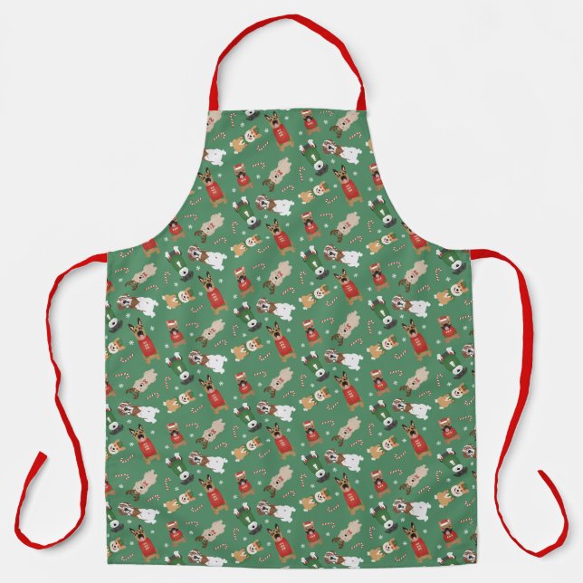 Christmas Dogs Pattern Red Green Apron (Front)