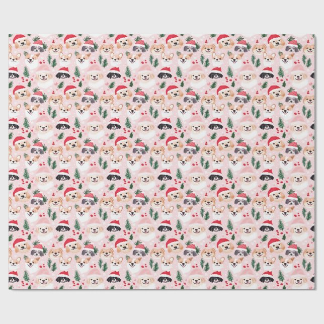 Christmas Dogs Pink Wrapping Paper (Flat)
