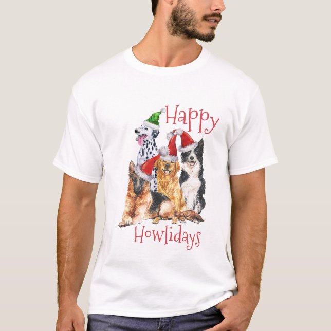 Christmas dogs wearing hats Happy Howlidays T-Shirt (Front)