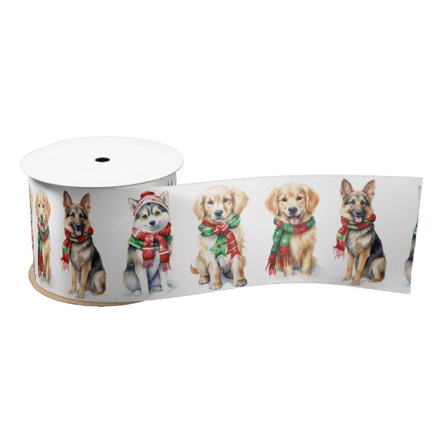 Christmas Dogs Wearing Winter Scarves Satin Ribbon (Spool)