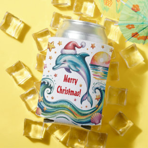 Christmas Dolphin in Tropical Paradise Custom Can Cooler