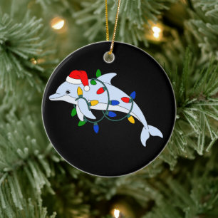 Christmas Dolphin Santa Hat Xmas Lights Ocean Ceramic Tree Decoration