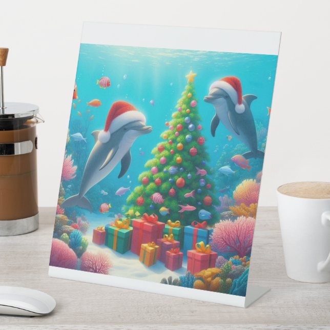 Christmas Dolphins Pedestal Sign (In SItu)
