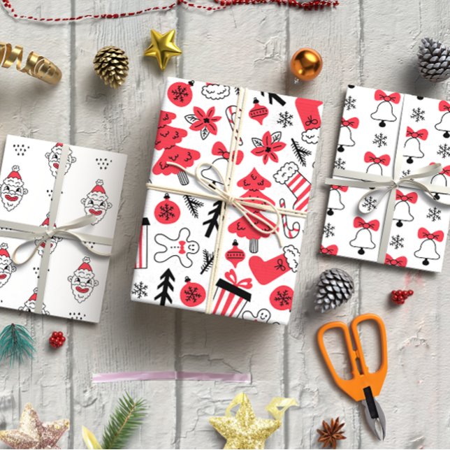 Christmas doodle black and red  wrapping paper sheet (Christmas doodle set of 3 wrapping paper sheet)