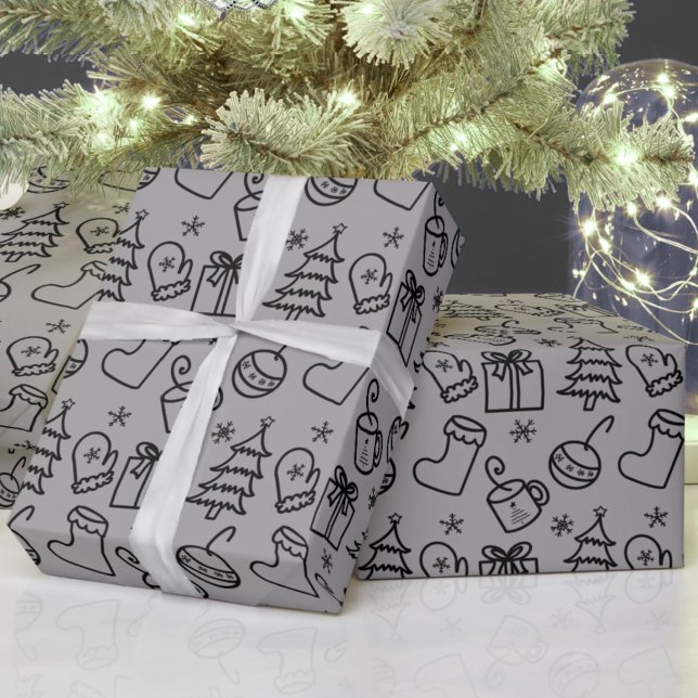 Christmas Doodle Pattern Grey and Black Gift Wrapping Paper (Creator Uploaded)