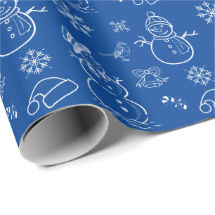 Christmas Doodle Snowman Funny Blue and White  Wrapping Paper