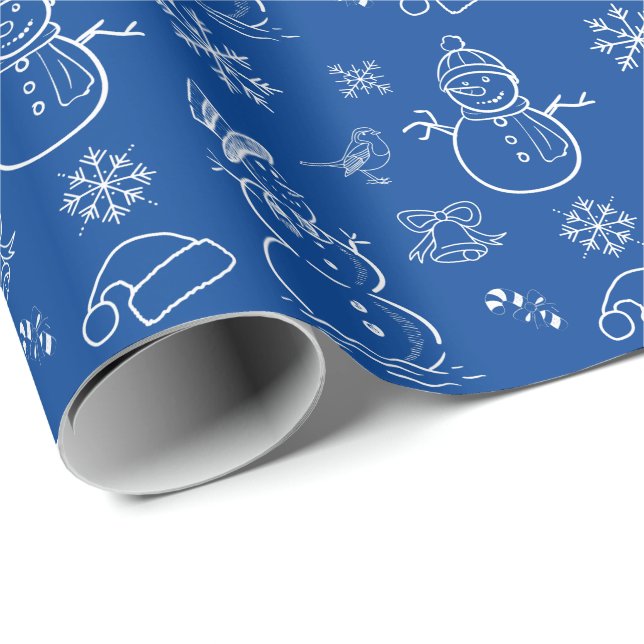 Christmas Doodle Snowman Funny Blue and White  Wrapping Paper (Roll Corner)