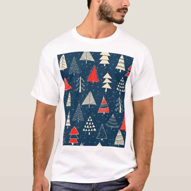 Christmas doodle trees, seamless winter pattern. T-Shirt (Front)