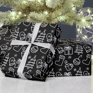 Christmas doodles Black & White Minimalist Gift Wrapping Paper