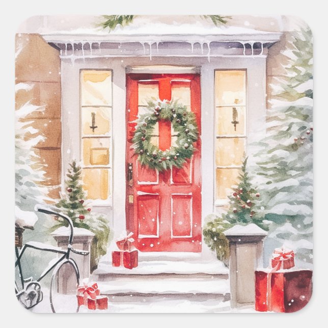 christmas door holiday  square sticker (Front)