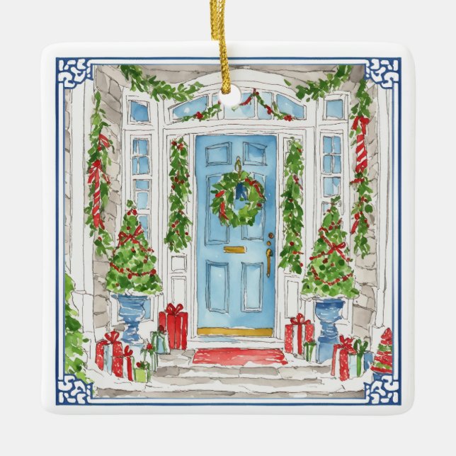 Christmas Door Watercolor Christmas Tree Ornament (Front)