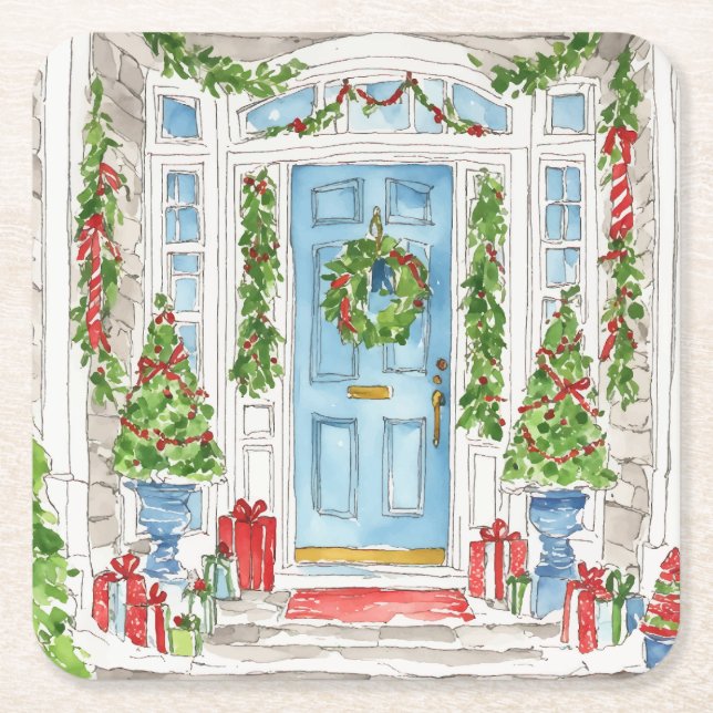 Christmas Door Watercolor Coaster (Front)
