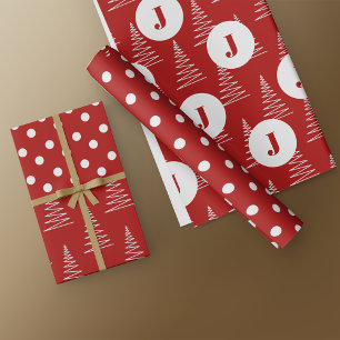 Christmas Dots & Trees Custom Monogram Red Wrapping Paper Sheet