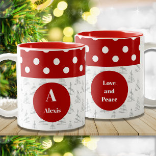 Christmas Dots & Trees Custom Name and Message Two-Tone Coffee Mug