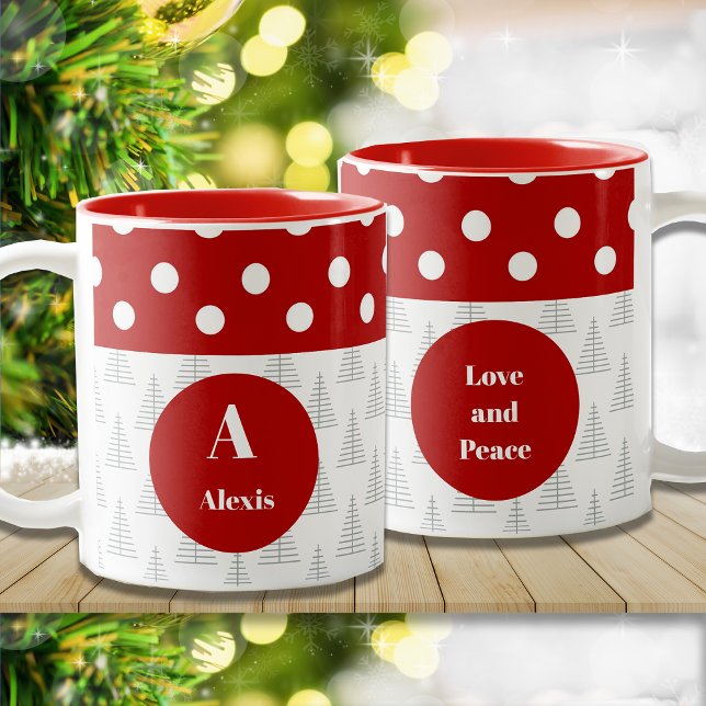 Christmas Dots & Trees Custom Name and Message Two-Tone Coffee Mug (Creator Uploaded)